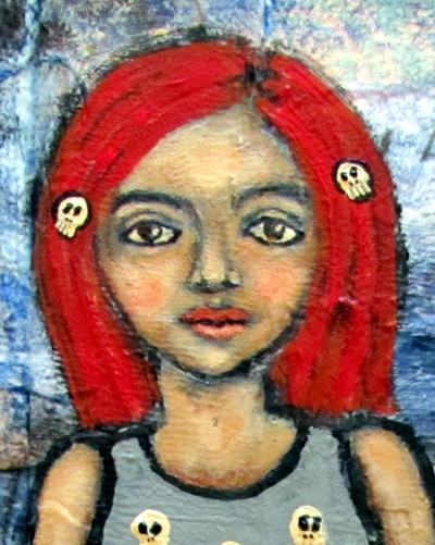 maria, portrait, mixed media, redhead, skulls, painting