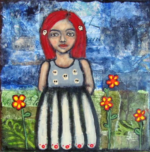 maria, portrait, mixed media, redhead, skulls, painting